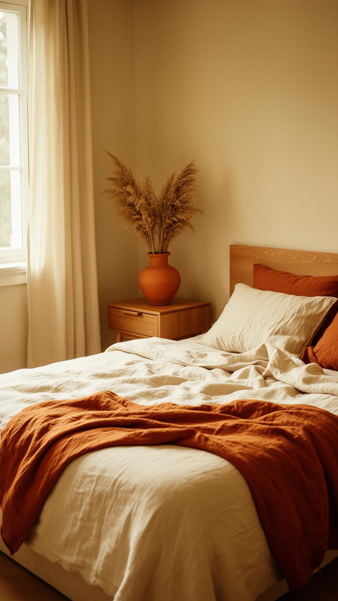 Warm earthy bedroom styled with Nettys Yard linen bedding